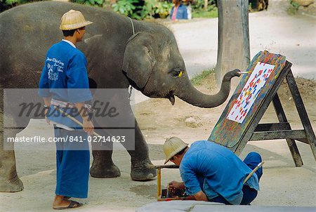 Peinture d'éléphant avec son tronc, Mae Sa Elephant Camp, Chiang Mai, Thaïlande, Asie