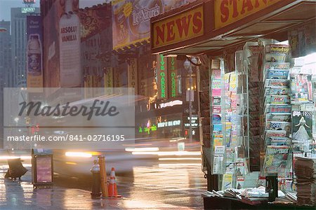 News stand in the evening, Times Square, New York City, New York, United States of America, North America