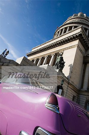 Pink car at Capitolio National, Havana, Cuba, West Indies