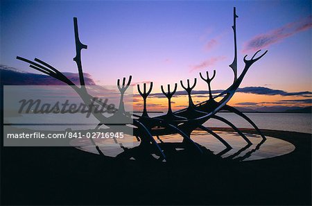 Seaside monument at sunset, Reykjavik, Iceland