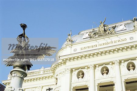 Statue and detail of facade of Bratislava's neo-baroque Slovak National Theatre, now major opera and ballet venue, Bratislava, Slovakia, Europe