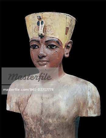 Dummy head of the young king, made from stuccoed and painted wood, from the tomb of the pharaoh Tutankhamun, discovered in the Valley of the Kings, Thebes, Egypt, North Africa, Africa