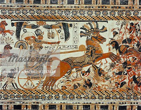 Detail zeigt die Zerstörung der Asiaten, gemalt auf der Box stuckierten Holz, aus dem Grab des Pharaos Tutanchamun, entdeckt in das Tal der Könige, Theben, Ägypten, Nordafrika, Afrika