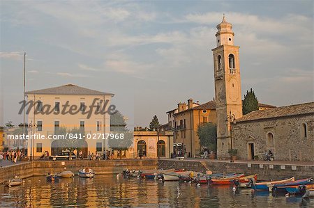 Evening light, the harbour, Lazise, Lake Garda, Veneto, Italian Lakes, Italy, Europe