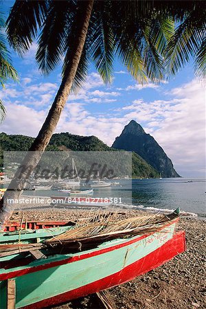 Fishing boats at Soufriere with the Pitons in the background, island of St. Lucia, Windward Islands, West Indies, Caribbean, Central America