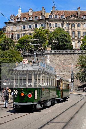 Vintage trams, Place de Neuve, Geneva, Switzerland, Europe