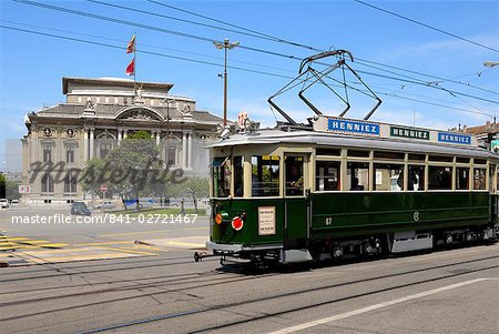 Vintage tram and the Grand Theatre, Place de Neuve, Geneva, Switzerland, Europe
