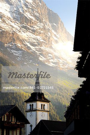 Église tour, Grindelwald, Berne, Suisse, Europe