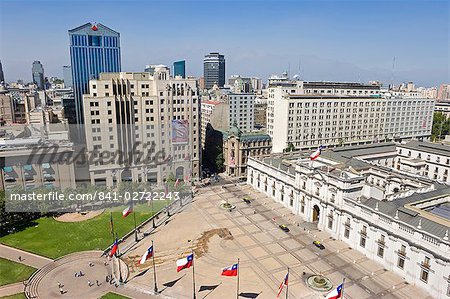 Elevated view over the Plaza de la Constitucion and the central Santiago city skyline, Santiago, Chile, South America