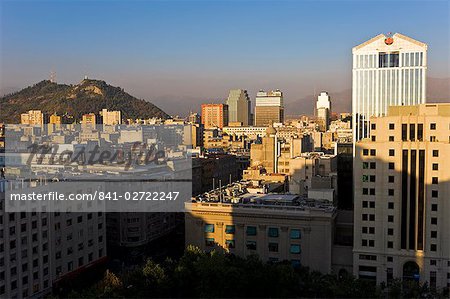 Elevated view of the central city skyline at dusk, Santiago, Chile, South America