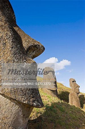 Giant monolithic stone Moai statues at Rano Raraku, Rapa Nui (Easter Island), UNESCO World Heritage Site, Chile, South America