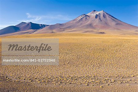 The altiplano at an altitude of over 4000m and the peak of Cerro Miniques at 5910m, Los Flamencos National Reserve, Atacama Desert, Antofagasta Region, Norte Grande, Chile, South America
