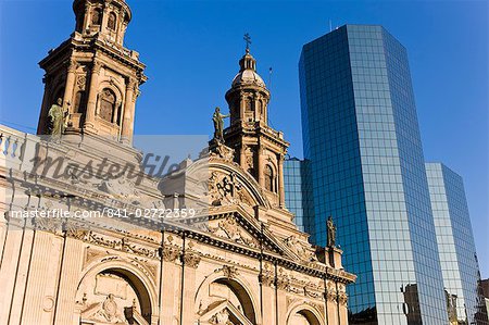 Cathedral Metropolitana and modern office building in Plaza de Armas, Santiago, Chile, South America