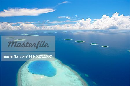 Aerial view of islands in Baa atoll, Maldives, Indian Ocean, Asia