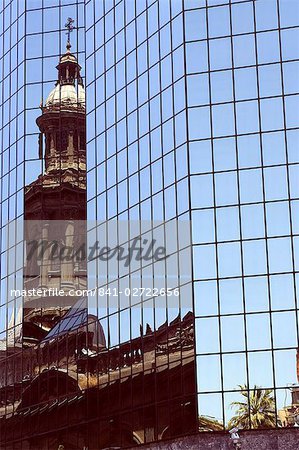 The Metropolitan Cathedral reflected in modern building, Plaza de Armas, Santiago, Chile, South America