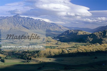 Looking south east from Coronet Peak towards the Shotover Valley and The Remarkables mountains, near Queenstown, west Otago, South Island, New Zealand, Pacific