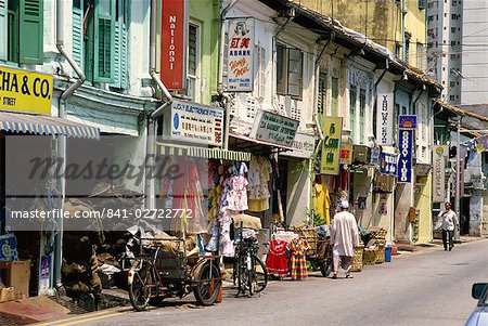 Street scene of shops and signs in Little India on Dunlop Street in the Indian quarter around Serangoon Road in Singapore, Southeast Asia, Asia