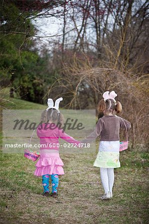 Two Girls Walking with Easter Baskets