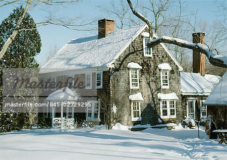 Colonial period farmhouse under snow, Lyme, Connecticut. 1740