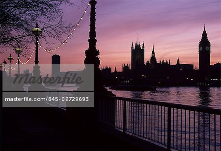Houses of Parliament at Sunset, Westminster, London. South Bank of the River Thames. Architect: Charles Barry A. W. N. Pugin