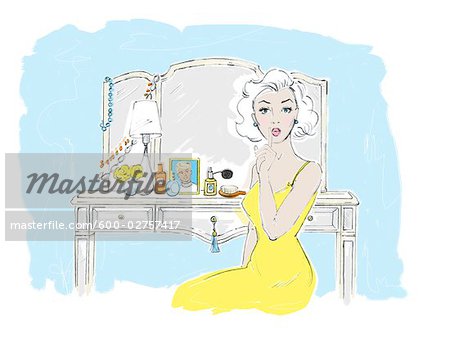 Illustration of Woman Sitting in front of Vanity Table