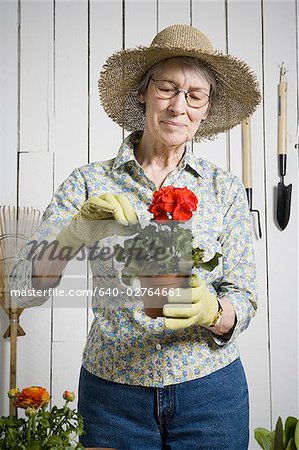 Porträt eine ältere Frau hält eine Topfpflanze