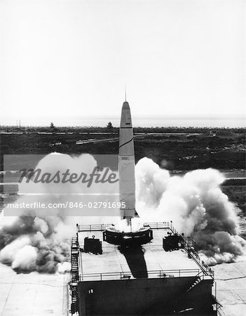 1950s DOUGLAS THOR AIR FORCE MISSILE TAKING OFF AT LAUNCH PAD IN CAPE CANAVERAL