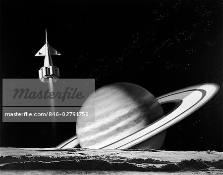 1960s RECREATION OF SPACE ROCKET FLYING PAST SATURN WITH SURFACE OF ANOTHER PLANET IN FOREGROUND