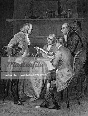 ENGRAVING OF FRANKLIN JEFFERSON ADAMS LIVINGSTON & SHERMAN GATHERED AROUND TABLE DRAFTING DECLARATION OF INDEPENDENCE