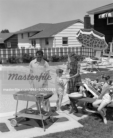 1950s FAMILY IN BACKYARD BESIDE POOL HAVING COOKOUT OF HOT DOGS & HAMBURGERS