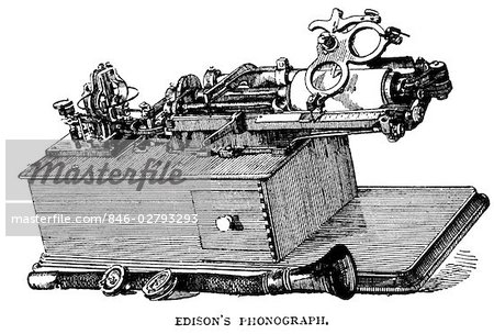 1870s DRAWING OF PHONOGRAPH INVENTED BY THOMAS EDISON 1877 19th CENTURY STYLUS CYLINDER FOR RECORDING SOUND