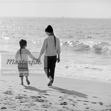 1970s WOMAN GIRL MOTHER DAUGHTER WALKING ALONG SURF BEACH OCEAN BACKS TO CAMERA HOLDING HANDS TALKING