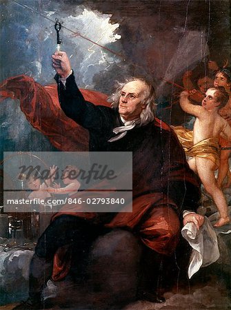 PAINTING OF BENJAMIN FRANKLIN TOUCHING KEY ATTACHED TO KITE STRING IN LIGHTNING STORM FEELING ELECTRICITY SCIENCE