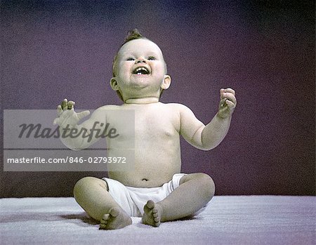 1940s 1950s FULL BODY SITTING BABY LAUGHING HANDS ARMS RAISED