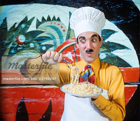 WACKY FUNNY CHARACTER MAN IN CHEF HAT APRON FAKE MOUSTACHE BROW LIFTING FORK FULL OF SPAGHETTI EXPRESSION ITALIAN