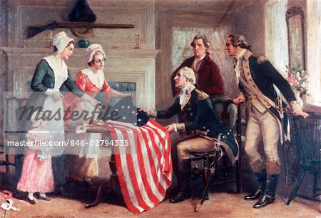 PAINTING OF BETSY ROSS & THE FIRST STARS & STRIPES 1777 BY DUNSMORE AMERICAN FLAG FLAGS REVOLUTIONARY WAR SEAMSTRESS