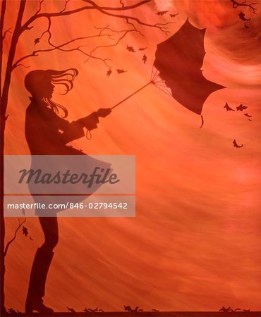 ILLUSTRATION SILHOUETTE OF GIRL HOLDING UMBRELLA BLOWING AWAY RAINCOAT BOOTS TREE FALLING LEAVES WIND BLOWING SUNSET