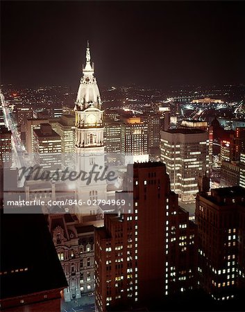 1960s 1965 NIGHT SKYLINE VIEW OF PHILADELPHIA SKYLINE CITY HALL IN CENTER RETRO VINTAGE