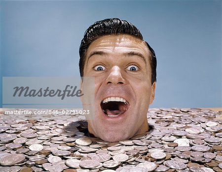 1960s MAN BURIED UP TO HIS NECK IN COINS MONEY FUNNY FACE EXPRESSION WACKY