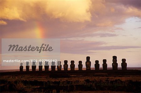 RAINBOW ABOVE AHU TONGARIKI EASTER ISLAND CHILE