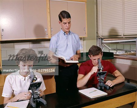 1960s 3 COLLEGE HIGH SCHOOL TEEN STUDENT STUDENTS IN BIOLOGY LAB CLASSROOM MICROSCOPES STUDY RETRO VINTAGE