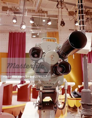 1960s CLOSE-UP FRONTAL VIEW OF MULTI LENS TELEVISION CAMERA IN STUDIO