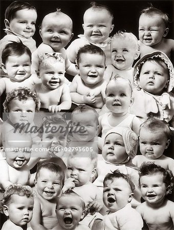 ANNÉES 1940 STYLE COLLAGE MONTAGE DES TÊTES DE BÉBÉ AVEC DES EXPRESSIONS DIFFÉRENTES