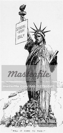 1906 CARTOON DRAWING STATUE OF LIBERTY SIGN ON TORCH STANDING ROOM ONLY AT HER FEET CROWD OF PEOPLE IMMIGRANTS