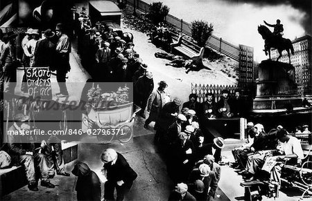 1930s PHOTOMONTAGE OF GREAT DEPRESSION INCLUDES BREAD LINE APPLE SELLERS UNEMPLOYMENT ECONOMIC HARDSHIP AND DECLINE