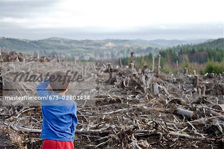 Young boy looking out at cleared landscape of fallen trees