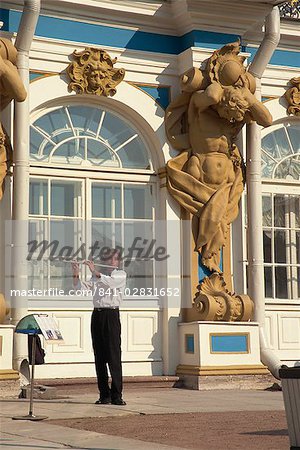 Musician outside Catherine's Palace, Pushkin, Russia, Europe