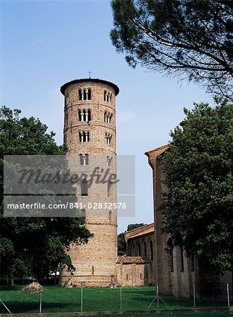 Campanile beside Basilica of Sant Apollinare in Classe, dating from 6th century, in open country southeast of Ravenna, Emilia-Romagna, Italy, Europe
