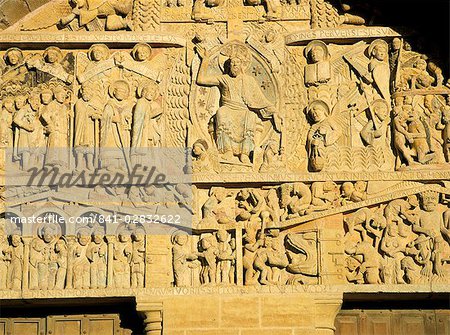 Tympanum above west door of abbey church of Ste. Foy (on the pilgrimage route to Santiago de Compostela) of Christ and the Last Judgement, UNESCO World Heritage Site, Conques, Midi-Pyrenees, France, Europe