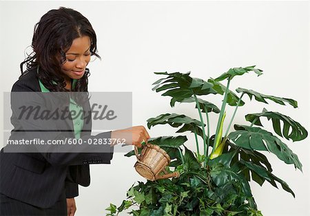 Businesswoman Watering Plants